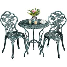 Yaheetech 3-Piece Patio Bistro Set, Outdoor AluminumTable and Chairs, Garden Dinging Furniture, Rose Design for Balcony, Porch, Lawn, Pool, Green