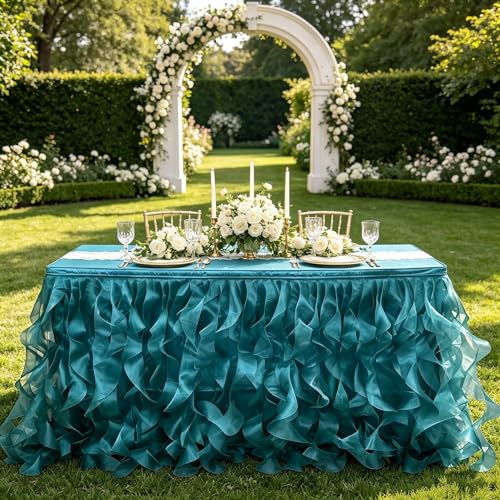 "Luxury Organza Mesh Table Skirt Draping Floating Romance - Perfect for Bridal Showers, Birthday Weddings - Clear Flowing Decoration for a Wonderful Main Cake Table (Peacock Blue-6ft, 72""L??30""H)"