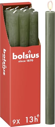 Bolsius Rustic Dinner Candles - Dark Green - Pack of 9 - Long Burning Time of 13 Hours - Interior Decoration - Includes Natural Vegan Wax - 27 x 2.3 cm