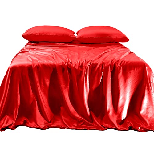 Elegant Comfort Luxurious 4-Piece Silky Satin Sheet Set, Skin and Hair Friendly, Wrinkle, Fade, Stain Resistant with Deep Pockets Fitted Sheet, Cooling Soft Satin Sheet Set, Queen, Red