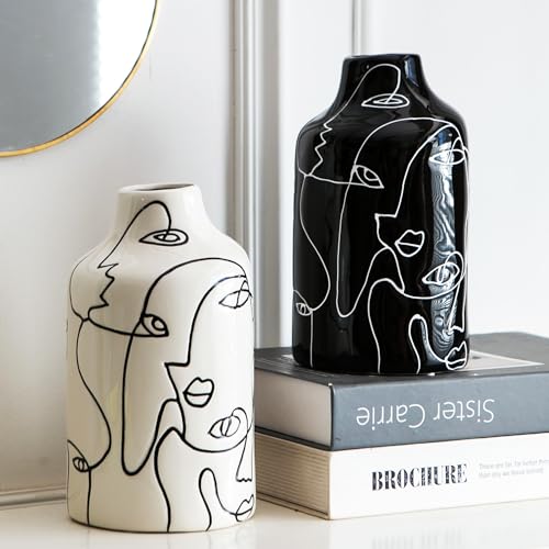Kimdio Ceramic Vases Set 2 Pieces Black and White Flowers Irregular Design Abstract White Modern Home Decor Living Room Minimalist Decorative Vase for Pampas Grass