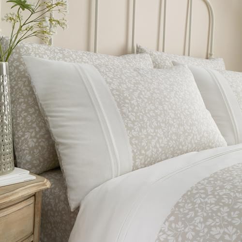 Dreams & Drapes - Pintuck Leaf Duvet Cover - Single Bedding Size (140 x 200cm) - 1 Pillowcase - Premium PolyCotton - Floral Duvet Cover in Natural - Cream Natural/White Bedding