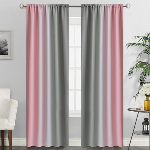 SimpleHome Pink and Grey Ombre Rod Pocket Curtains for Bedroom,52Wx84L