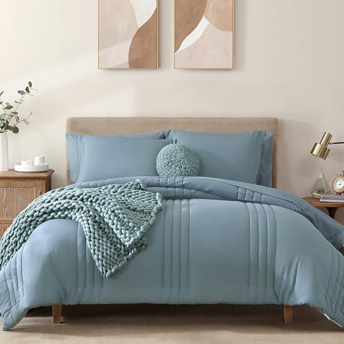 Monbix Queen Comforter Set - 7 Pieces Dusty Blue Bed in a Bag Queen Bedding Sets with Comforters, All Seasons Comforter Bed Set with Sheets, Pillowcases & Shams