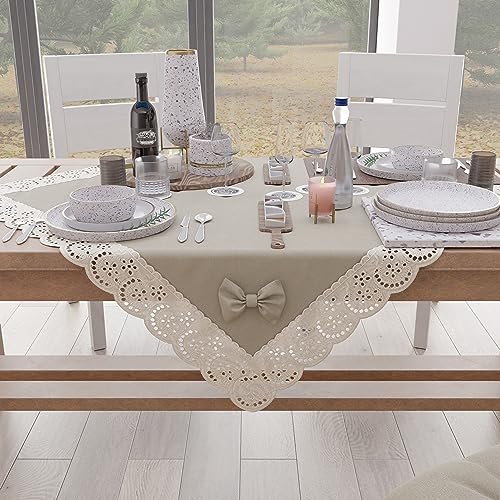 PETTI Artigiani Italiani - Square table topper, cotton with Sangallo lace trim and bows, 95 x 95 cm, Beige
