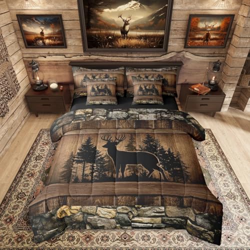 Erosebridal 7 Piece Rustic Deer Queen Comforter Set with Sheets Farmhouse Cabin Bedding Sets - for Kids Boys Teen Men Hunting Wildlife Deer Theme Bed in A Bag Country Lodge Western Bed Set Brown