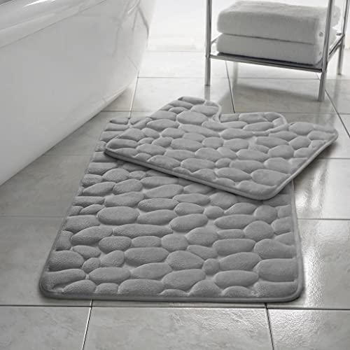 Homespace Direct Pebbles Non- Slip Memory Foam Bath Mat / Toilet Mat Set Pebbles Non- Slip Silver