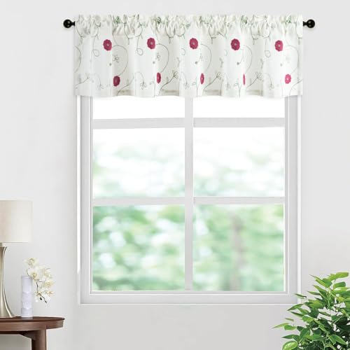 VOGOL Pink Floral Embroidered Country Style Valance, 60 x 14, 1 Panel - Rod Pocket Top, Soft Natural Light, Faux Linen Fabric, for Kitchen, Living Room, and Small Windows