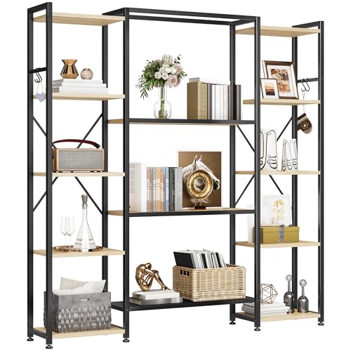 YITAHOME Industrial Bookcase 73 cm Wide, Standing Open Wooden and Metal Frame with 13 Shelves, Display Shelf for Living Room, Home Office, Oak Color