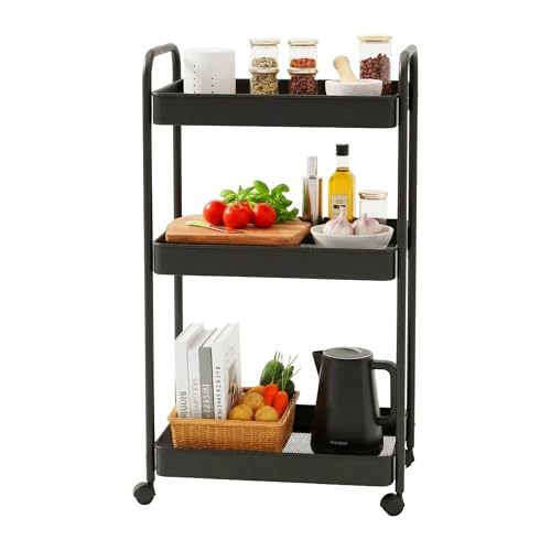 Relaxdays roll trolley, 3 mesh baskets, serving & kitchen trolley for bath & office, HxWxD:78x43x30 cm, metal, black