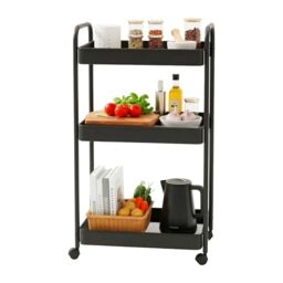 Relaxdays roll trolley, 3 mesh baskets, serving & kitchen trolley for bath & office, HxWxD:78x43x30 cm, metal, black