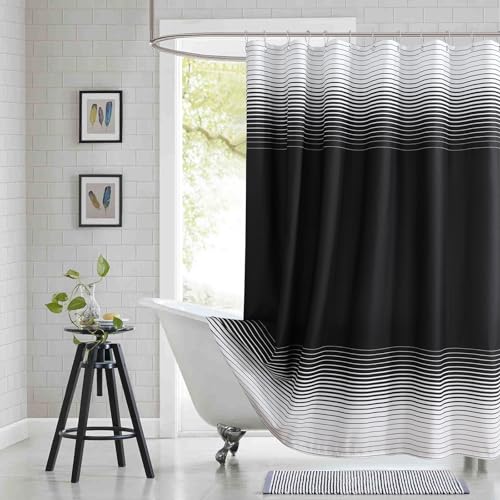 BESTRIPES Black Shower Curtain, Modern Black and White Gradient Horizontal Stripe Waterproof Polyester Shower Curtains for Bathroom, 72x72 Inches