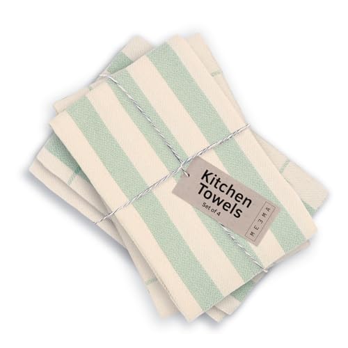 MEEMA Kitchen Towels and Dishcloths Sets of 4 - Large 18 x 28 Inch - Upcycled Cotton Tea Towel - Super Absorbent Cotton Dish Towels for Kitchen - Green Stripes - Hand Towels