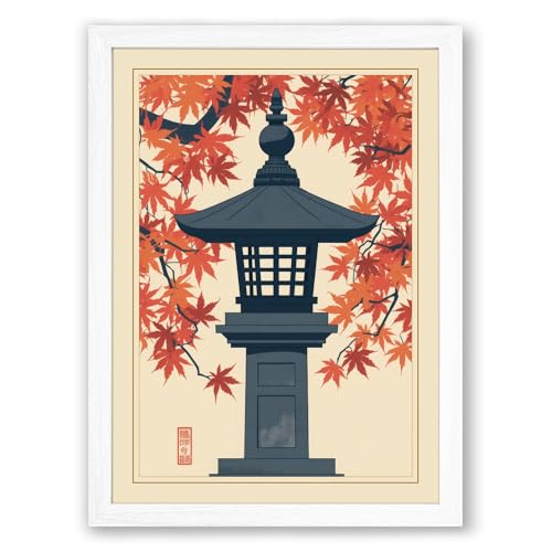 Autumn Stone Lantern Japandi Framed Wall Art Print A2 (59.4×42cm) White, Wall Decor for Living Room, Bedroom, Office & Home, Ready to Hang, Art Gift