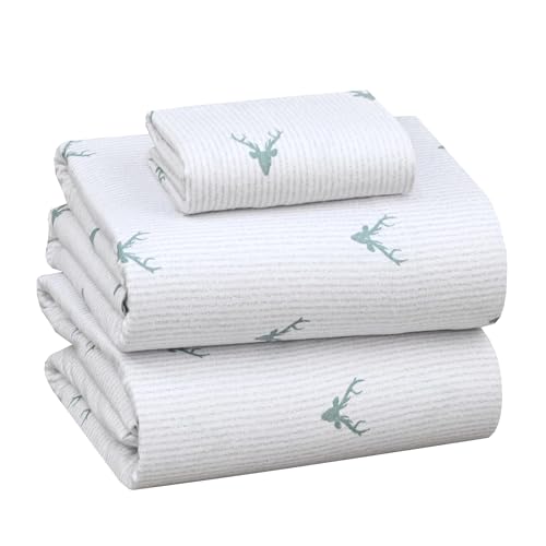 Christmas Deer 3 Piece Flannel Bedding Set Super Soft Breathable Moisture Wicking Flannel Kids Bedding Set with Flat Sheet, Fitted Sheet and 1 Pillowcase
