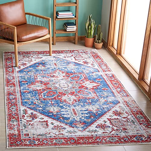 Safavieh Traditional Rug Ideal for High Traffic Areas - Machine Washable and Non Slip - Tucson Collection, Short Pile, in Blue and Red, 91 X 152 cm