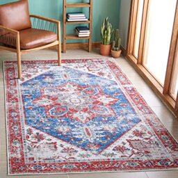 SAFAVIEH Traditional Rug Ideal for High Traffic Areas - Machine Washable and Non Slip - Tucson Collection, Short Pile, in Blue and Red, 91 X 152 cm