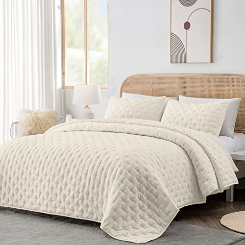 HIARUO 3-Piece Queen Quilt Bedding Set - Soft Warm Ultrasonic Reversible Coverlet Bedspread Set (90 x 90 Inch) with 2 Pillow Sham (20 x 26 Inch), Beige