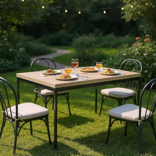 FurnitureR Garden Service Tables in Grey, for 4 to 6 People, Thick Wooden Top with Metal Frame, for Terrace, Patio, Dining Room, Garden, 150 x 75 x 75 cm