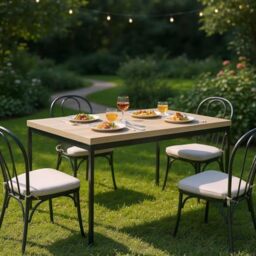 FurnitureR Garden Service Tables in Grey, for 4 to 6 People, Thick Wooden Top with Metal Frame, for Terrace, Patio, Dining Room, Garden, 150 x 75 x 75 cm