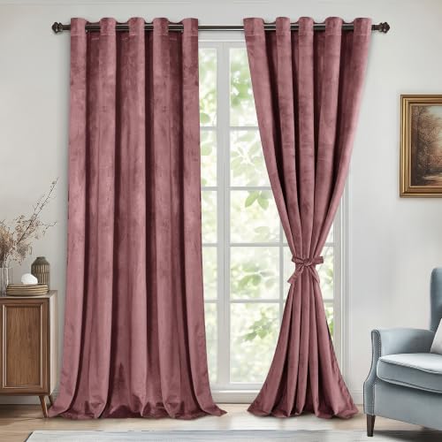 DWCN Velvet Blackout Curtains - 84 Inches Long Wild Rose Tieable Window Curtains Panels Grommet Design Thick Fabric Thermal Insulated Window Dressing for Theater/Den/Dorm/Dining, W60 x L84, 2 Panels