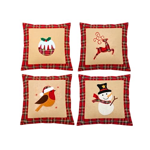 SHATCHI Pack of 4 Christmas Cushion Covers 40x40cm, Assorted Festive Printed Decorative Pillow Cases, Burlap Style Sofa, Bed, Throw Cushion Covers for Xmas Home Decorations
