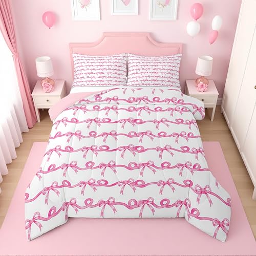 Erosebridal Pink and White Bow Queen Comforter Set for Girls - Pink Ribbon Bows Striped Bedding Sets for Kids Teen, Coquette Bow Knot Bed Set, Cute Preppy Bowtie Room Decor, 2 Pillowcases