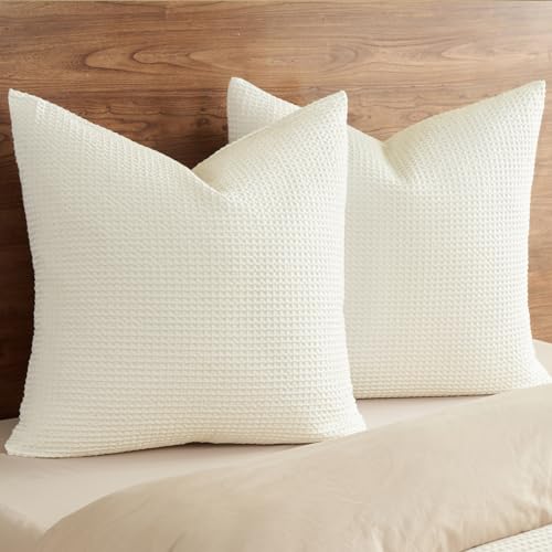"PHF 100% Cotton Waffle Weave Euro Shams 26""X26"", No Filling, 2 Pack Elegant Home Decorative Euro Throw Pillow Covers for Bed Couch Sofa,Cream"