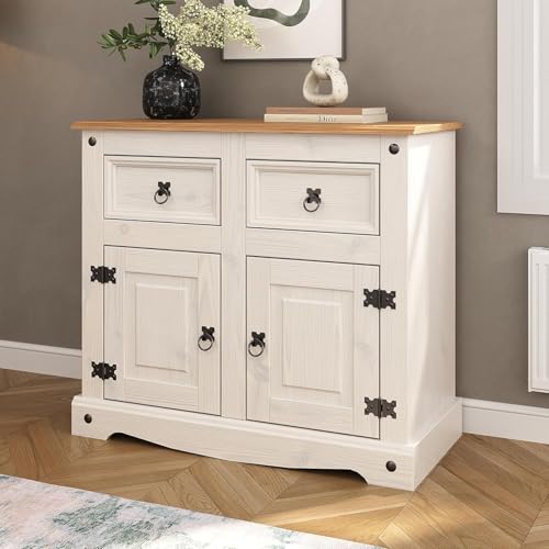 Corona Sideboard White 2 Door 2 Drawer Mexican Solid Pine Wood 76cm H x 87cm W x 40cm D with Black Metal Hardware