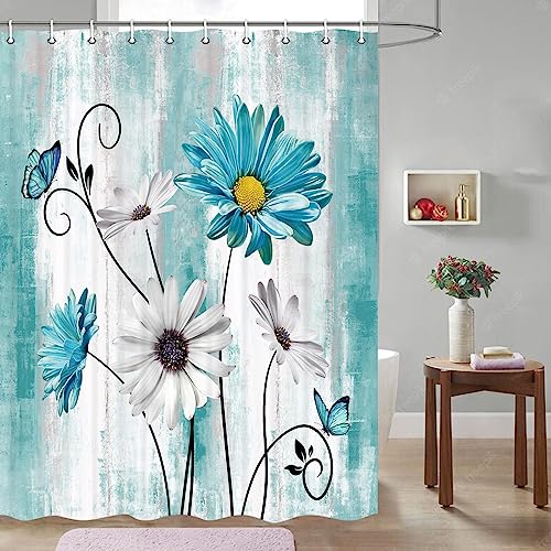JAWO Teal Daisy Floral Shower Curtain, Rustic Farmhouse and Butterfly, Turquoise Blue with Hooks, 60X70 Inches