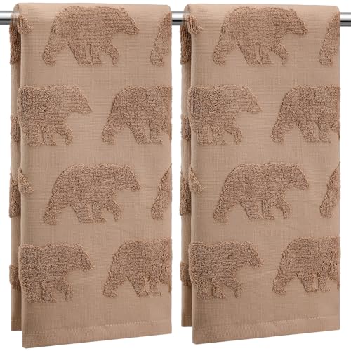 SmoothNovelty 2 Pcs Bear Hand Towels for Bathroom, Brown Cabin Bear Woodland 100% Cotton Absorbent Jacquard Weave Decorative Towels for Bathroom Kitchen Decor Gift, 13.7 x 29.5 Inch