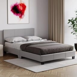Vida Designs Lisbon Small Double Bed Frame - Grey - 77 H x 125 W x 198 D cm - Faux Leather - Padded Headboard - Low Foot End - Space Saving - UKFR - Modern Bedroom Furniture