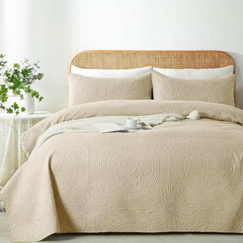 WURUIBO Twin Quilt Set Beige,Ultrasonic Embossed Bedspread, Lightweight Microfiber Coverlet, Modern Thin Bedding Set for All Season, 2 Piece(1 Quilt,1 Pillow Shams)