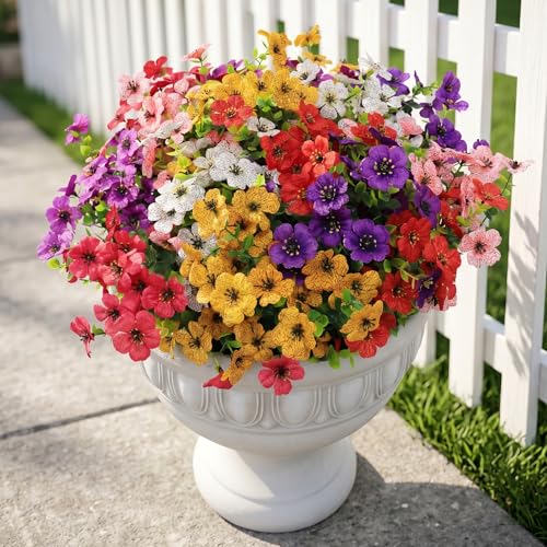 WYOK Artificial Flowers Plants for Outdoor Outside Decoration UV Sun Resistant Realistic Faux Flower for Planter Porch Patio Yard Balcony (14, Mixed Fuchsia Purple Yellow Red Lilac Pink White)