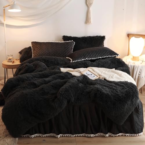HAIHUA Shaggy Black Comforter Cover King Set, Soft Fuzzy Faux Fur Black Bedding King Set 3 Pieces (1 Furry Duvet Cover + 2 Plush Pillow Cases) Fluffy Bed Set, Zipper Closure