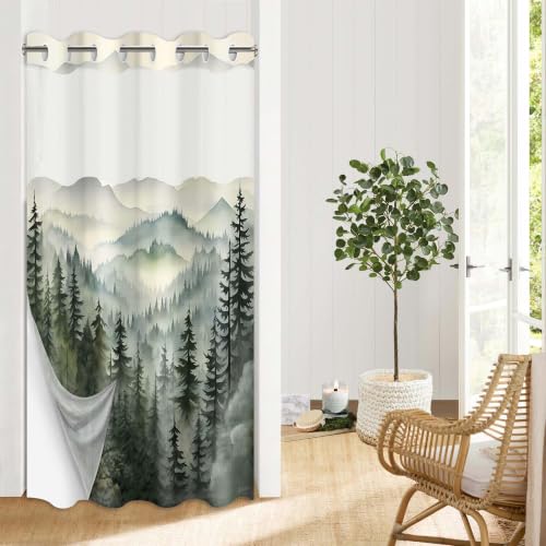"QGHOT Foggy Mountain Hookless Shower Curtain with Snap in Liner, Nature Woodland Forest No Hook Double Layer Shower Curtain and Liner Set, Ringless with Window Waterproof Cloth Fabric, 60"" W x 74"" L"