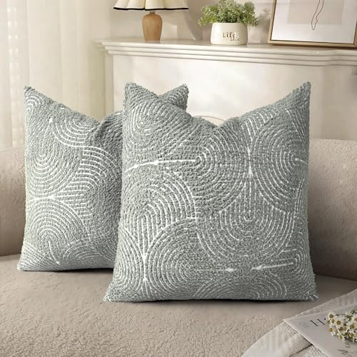 AELS Boho Decorative Textured Throw Pillow Covers 18x18, Organic Modern Mid Century Rainbow Tufted Pillow Case, Farmhouse Rustic Geometric Woven Cushion Case for Bed Couch Sofa, Slate Pale Blue Gray