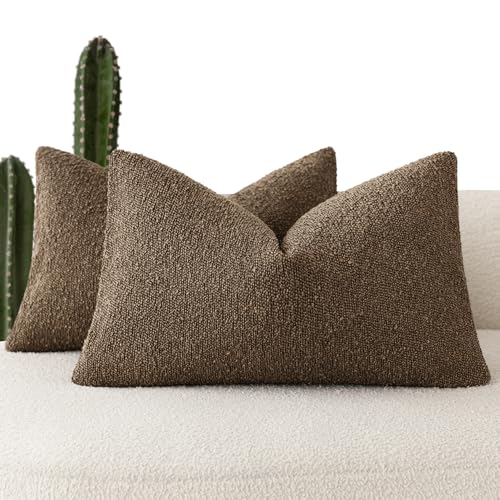 Foindtower Pack of 2 Textured Boucle Throw Pillow Covers Accent Solid Decorative Lumbar Pillow Cases Cozy Couch Cushion Case for Chair Sofa Bedroom Living Room Home Decor 12x20 Inch Chocolate