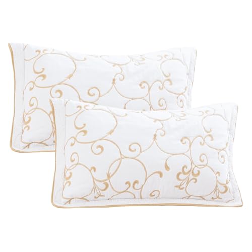 Lady Ann Cotton Quilted Pillow Shams 20x36, Embroidery Pattern Printed King Pillow Cases Set of 2, Decorative Soft & Cozy Pillow Covers for Bed