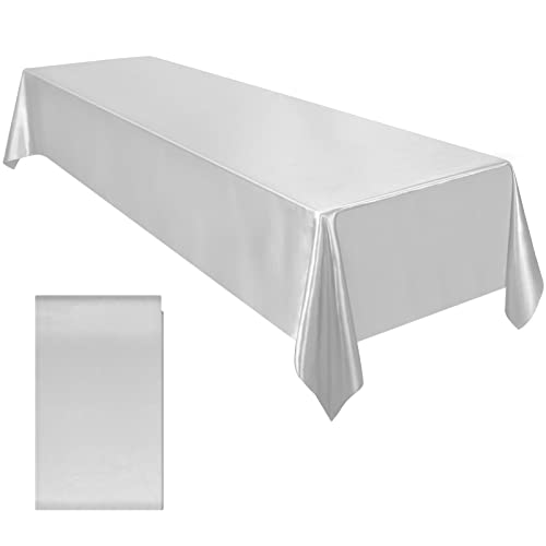 Ruisita Satin Party Tablecloth Table Cover 58 x 102 Inches Wedding Rectangle Bright Silk Tablecloth Table Cover Smooth Fabric Tablecloth Table Decor for Wedding Banquet Table Decoration, Silver