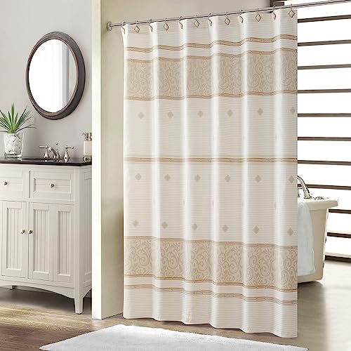 "BESTRIPES Fabric Shower Curtain, Beige Stripe and Taupe Damask Print Shower Curtains for Bathroom, Waterproof Bathroom Curtains, 72"" W x 72"" H"