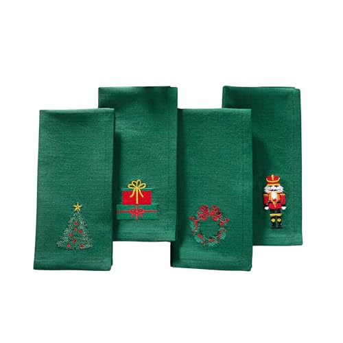 Elrene Home Fashions Holiday Embroidered Christmas Cotton Napkins with Festive Designs (Tree, Gift, Wreath, Nutcracker), Set of 4