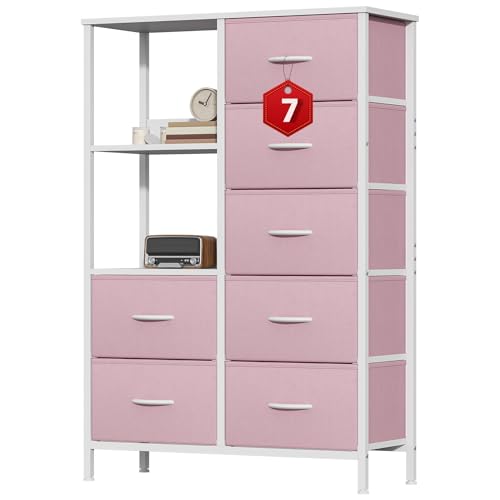 GoaHi Fabric Chest of Drawers Bedroom with 7 Drawers, Tall Storage Organizer Unit with 3 Layer Shelves,Storage Drawers with Fabric Bins, Storage Cabinet for Living Room & Closets,Pink