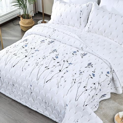 "EVENHUG 100% Cotton Quilt Set Queen Size Bird Floral Bedding Sets with Pillow Shams Breathable Lightweight Bedspreads Coverlet for All Season 3 Piece (92""x96"")"
