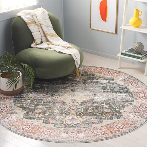 Safavieh Distressed Rug Ideal for High Traffic Areas - Machine Washable and Non Slip - Arizona Collection, Short Pile, in Green and Brown, 183 X 183 cm