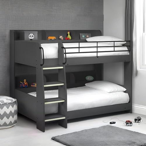 Julian Bowen Domino Bunk Bed, Anthracite - Modern Kids Bed with Ladder, 90cm/3ft, Ideal for Kids & Guest Rooms, Wooden Bunkbed, No Box Spring Needed
