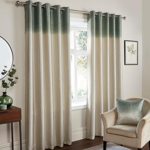 Fusion - Green Ombre Curtains W66 x L90 (168 x 229cm) - 2x Panels - Natural Two Tone Gradient Eyelet Drapes - Luxury Shimmer for Bedroom/Living Room