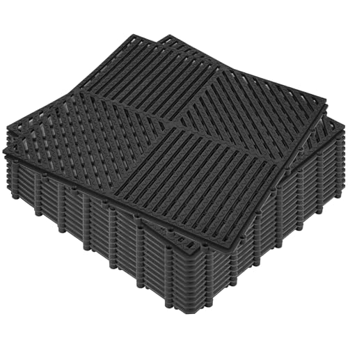 "ToLanbbt Modular Interlocking Cushion 12P 11.8"" x 11.8"" Interlocking Rubber Floor Drain Holes Non-Slip Splicing Drainage Mats for Deck, Shower, Kitchen, Drain Pool, Sauna Bath (Black, Diagonal)"