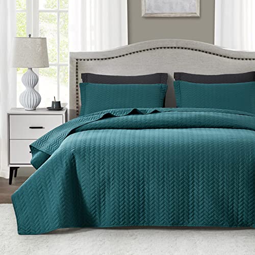Maple&Stone Quilt Set King Size, Lightweight Teal Bedspread Ultrasonic Chevron Pattern Light Coverlet for All Season Comforter Bedding Decor - 3 Piece King Bed Cover Sets