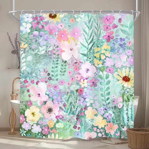 "Teal Floral Cute Wildflower Watercolor Boho Art Bathroom Shower Curtain Set - 72""W x 72""H Leaves Botanical waterproof HD print, quick-dry fabric with 12 hooks for easy hanging."